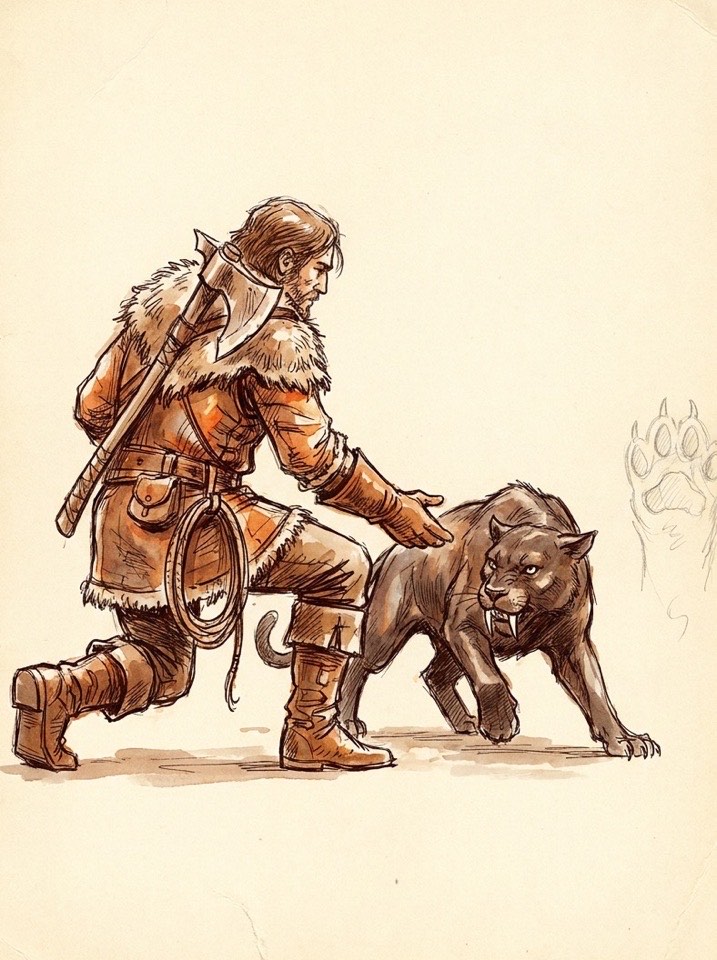 Ink and watercolor illustration of a beastmaster kneeling to offer a hand to a fanged panther