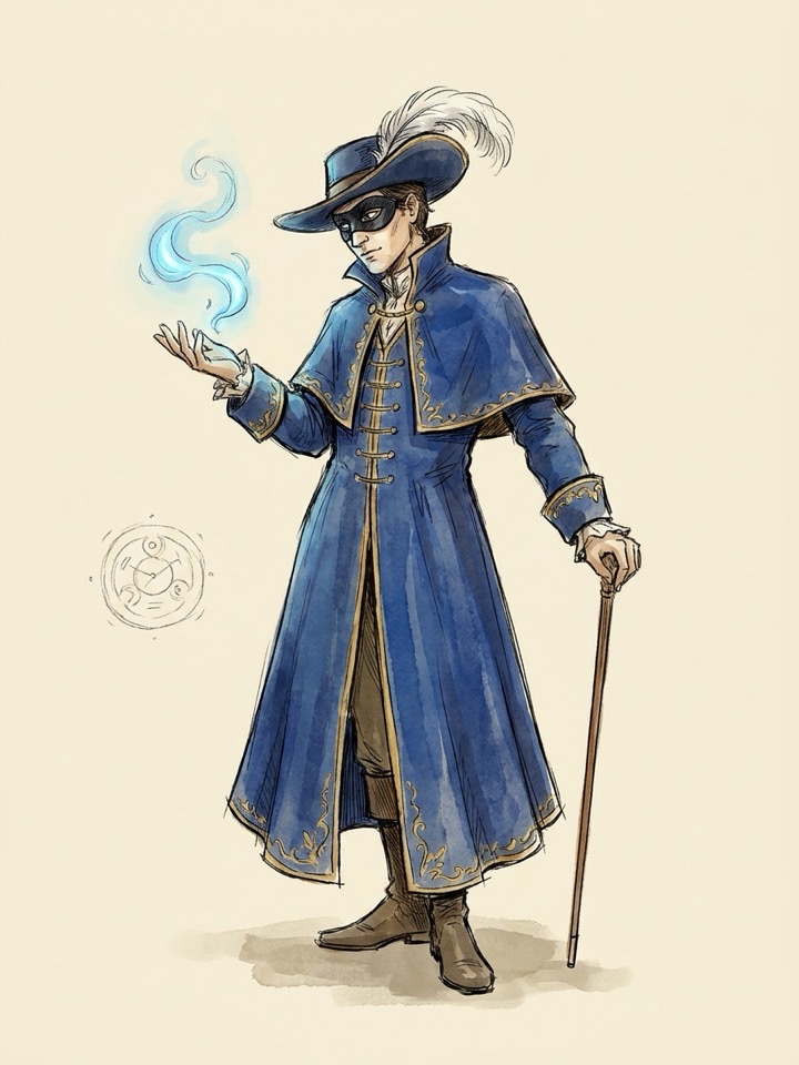 Ink and watercolor illustration of a masked blue mage conjuring a wisp of azure spell-light